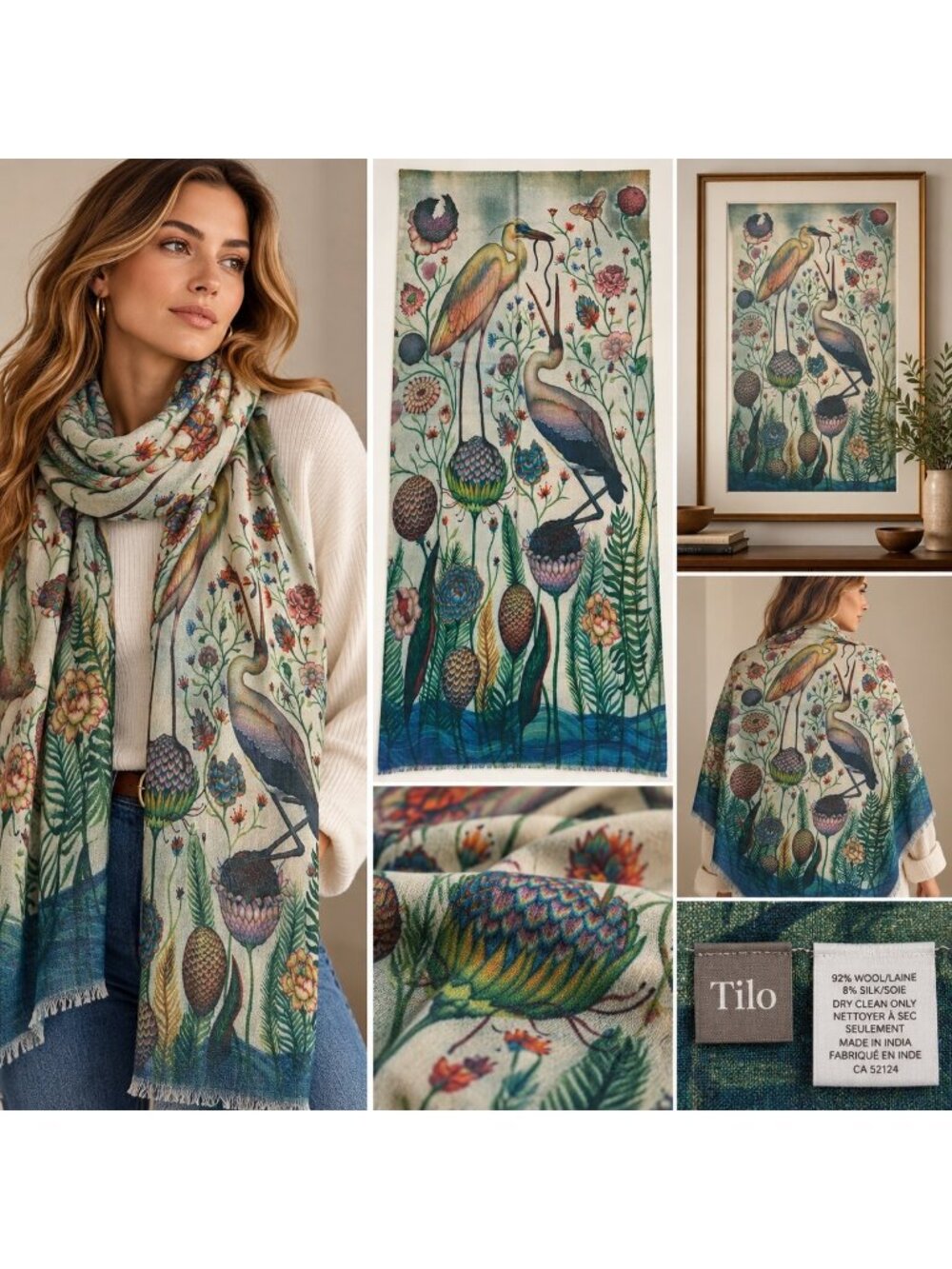 Tilo Wool Silk Botanical Heron Bird Floral Print Oversized Scarf Wrap 74”